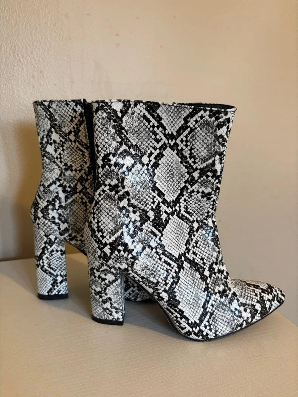 Snake-Print Pointed Ankle Booties - Black & White